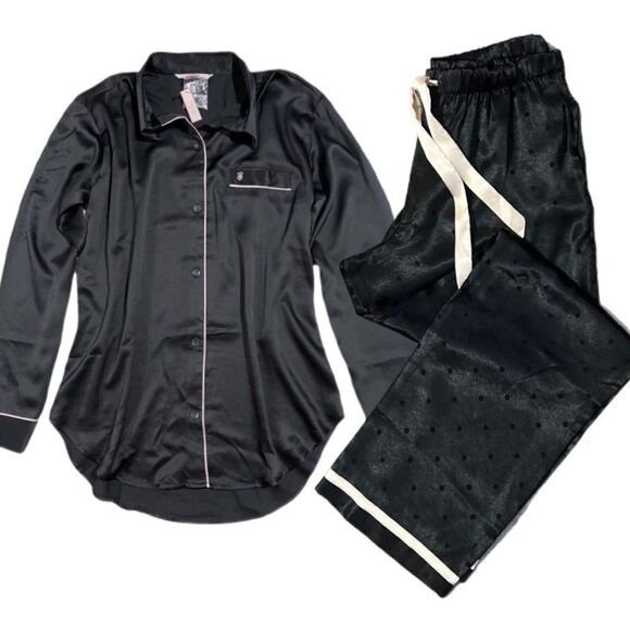 Victorias Secret Silky Satin thick pants & soft button down top pajama set black - Picture 7 of 10
